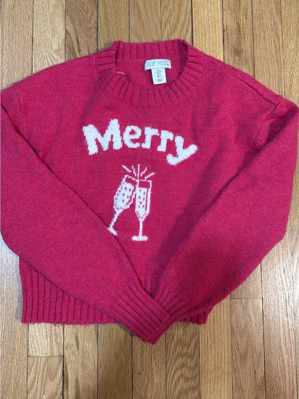 ruby moon Red 'Merry' Crewneck Sweater with Champagne Graphic